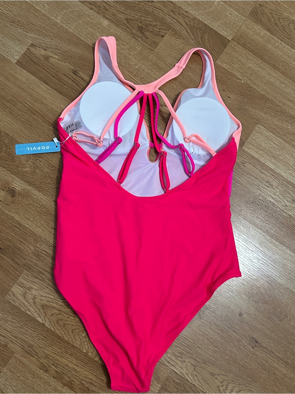 NWT Popvil Color Block Pink Coral One-Piece Swimsuit with Strappy Back SZ Large - Picture 5 of 12